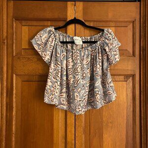 Silky Off-the-Shoulder Blouse - Blue/Pink, S